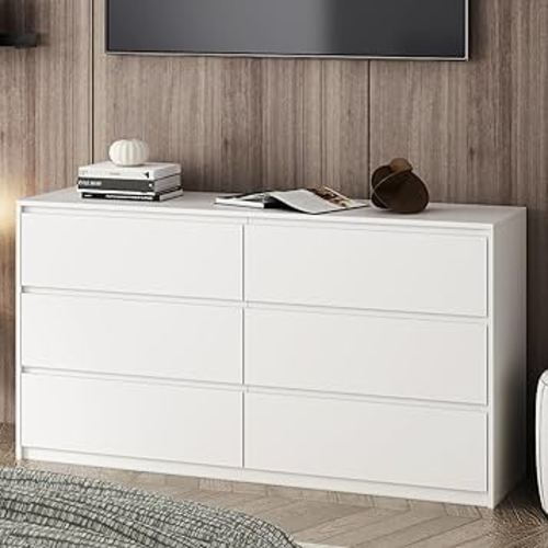Hitow 6 Drawer Dresser Double Dresser for Bedroom,Modern Long Dressers Wood Storage Dresser for Home Office, Chest of Drawers for Living Room, White (59" W x 15.7" D x 32.3" H)