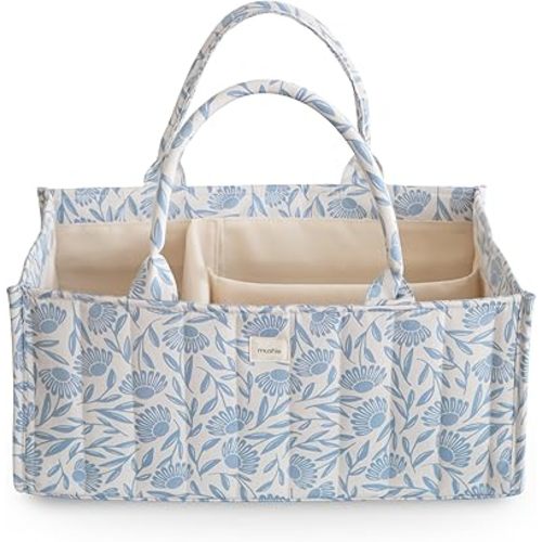 mushie Baby Diaper Caddy | Newborn Essentials Organizer for Diaper Changing Station (Blue Flowers)