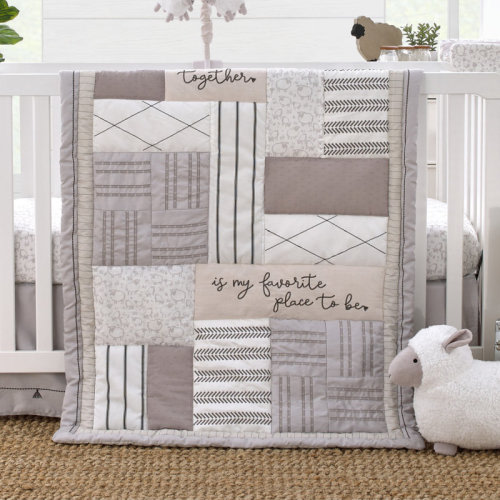 Gracie Oaks NoJo Together is Better White, Gray, and Taupe Stripes and Dots 4 Piece Nursery Crib Bedding Set & Reviews | Wayfair