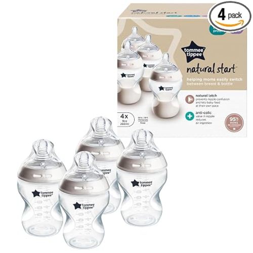Tommee Tippee Natural Start Anti-Colic 9 oz BPA Free Baby Bottles, 0+ Months, Slow Flow Breast-Like Nipple, Self Sterilizing, Designed for Seamless Transition Between Bottle & Breast, Clear, Pack of 4 | Pack of 4, Slow Flow