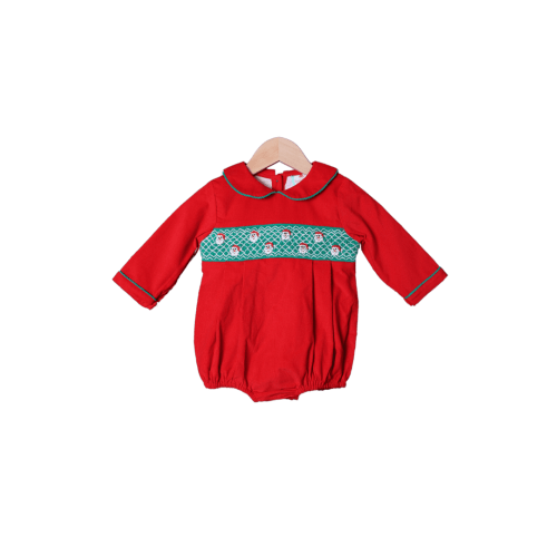 Smocked Geometric Santa Red/Green Corduroy Bubble