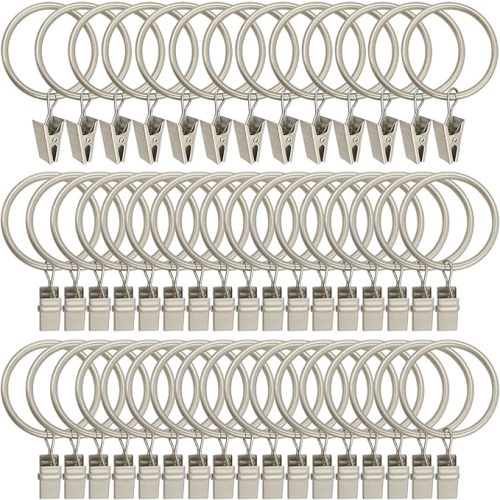 60 Pack Metal Curtain Rings with Clips, Curtain Clip Rings Hooks for Hanging Drapery Drapes Bows, Curtain Rod Rings 1.5 inch Interior Diameter, Matte Silver
