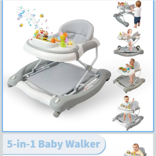 5 in 1 Baby Walker, Music and Lights Walker for Baby Boy Girls 6-12 Months, Foldable Baby Walkers with Wheels and Bouncer Combo Portable, Toddler Infant Walker with Adjustable Height