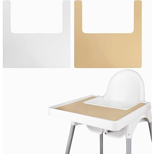 High Chair Placemat, Long Lasting High Chair Placemat Silicone, 2-Piece Set, Can Be Used Interchangeably, Suitable for IKEA Antilop Highchai, for Toddlers and Babies (Khaki/White)