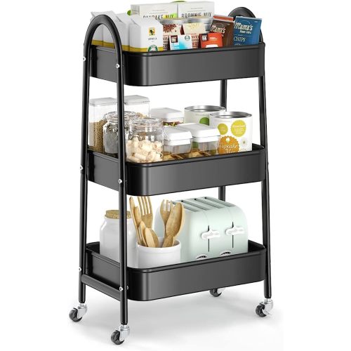 EAGMAK 3 Tier Utility Rolling Cart, Metal Storage Cart with Handle and Lockable Wheels, Multifunctional Storage Organizer Trolley with Mesh Baskets for Kitchen, Living Room, Office, Garage (Black)