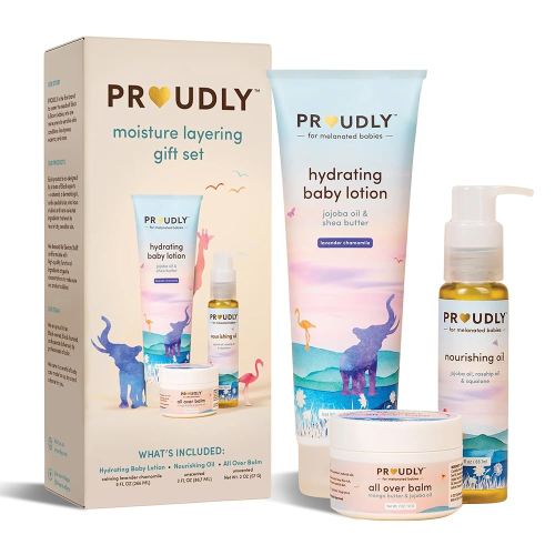 PROUDLY Moisture Layering Gift Set by Gabrielle Union & Dwyane Wade, Baby Lotion, Baby Oil & All Over Balm, Black & Brown Babies & Dry, Sensitive Skin