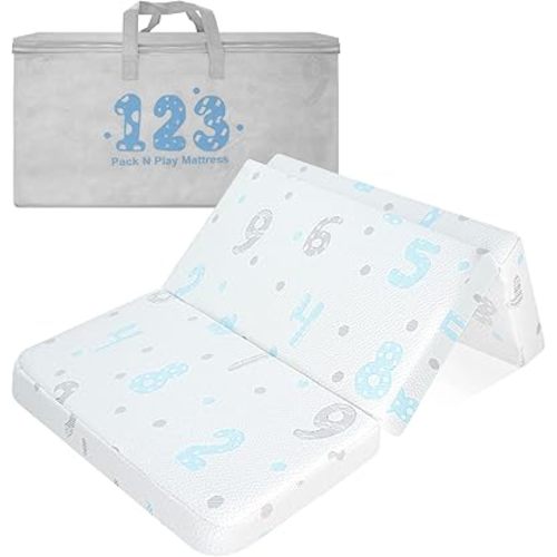 Trifold Pack and Play Mattress Pad - 38"x26" High Density Foam Pack N Play Mattresses - Foldable Portable Travel Baby Crib Mattress with Breathable Removable Cover 2"