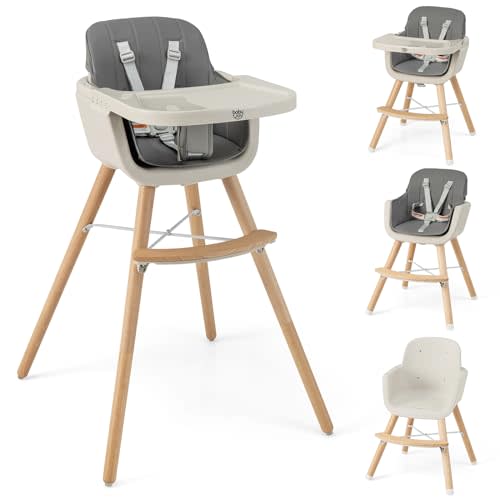 BABY JOY Baby High Chair, 3-in-1 Convertible Wooden Highchair for Babies & Toddlers, Infant Feeding Chair w/ 5-Point Safety Harness, Footrest, Adjustable Legs, Removable Tray & PU Cushion (Dark Gray)