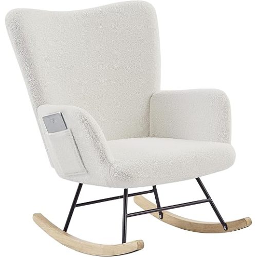 VECELO Rocking Chair, Modern Upholstered Teddy Fabric Nursery Glider with Padded Seat, High Backrest, Armchair and Pocket for Living Room Bedroom Balcony Offices