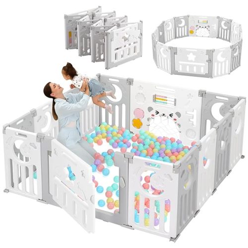 Baby Playpen, Dripex Baby Playard for Babies and Toddlers, 14-Panel Foldable Playpen Adjustable Portable Play Area, Indoor/Outdoor Kids Active Center with Game Panel & Safety Gate, Grey White