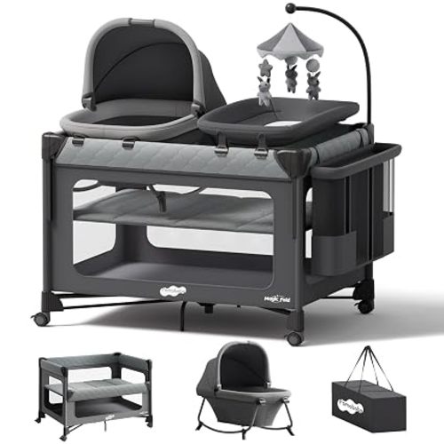 Pamo Babe Pack and Play with Bassinet - 7 in 1 One-Step Setup Bedside Crib, Portable Playpen, Travel Crib, Baby Playard with Diaper Changing Station, Toy Bar & Large Storage Bag
