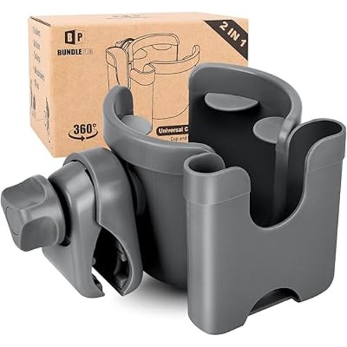Universal Stroller Cup Holder with Mobile Phone Case, 2-in-1 Strollers Storage Rack, 360 Degrees Rotation Drink Holder for Bike, Pushchair, Wheelchair, Walker,Bicycle, Fits Most Cups (Gray)