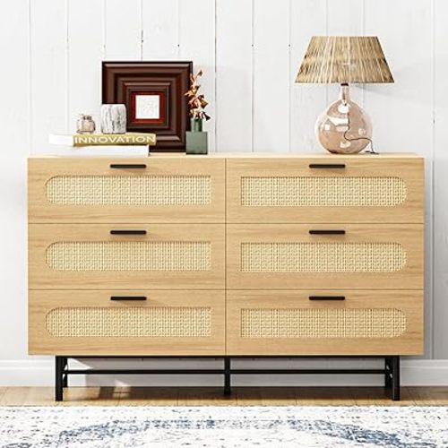 Dresser for Bedroom with 6 Drawer, Natural Rattan Chest of Drawers, Wooden Dresser for Nursery, Hallway, Living Room