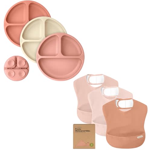 KeaBabies 3-Pack Suction Plates for Baby, Toddler & 3-Pack Waterproof Baby Bibs for Eating - 100% Silicone Toddler Plates - Lightweight Toddler Bibs - Divided Baby Plates with Suction - Mess Proof Bib