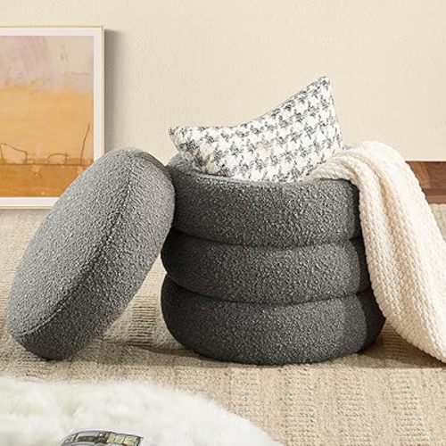 Round Ottoman with Storage for Living Room Small Boucle Foot Stool Modern Upholstered Vanity Stool Ottoman Foot Rest for Dorm Corner Home Decor, Set of 1 (Grey)