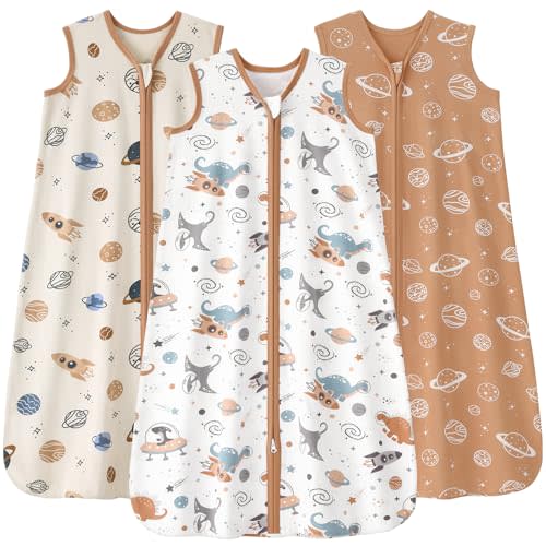 FIEMOL Baby Sleep Sack 6-12 months, 100% Cotton Sleeping Sack for Newborn and Infant, 3 Pack Baby Wearable Blanket for Boy and Girl, 0.5 Tog Lightweight Double Zipper Sleep Bag Coffee Dinosaur Planet