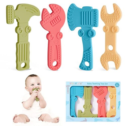 TYRY.HU Baby Teething Toys for Babies 0-6 Months 6-12 Months, BPA Free Silicone Baby Molar Teether Chew Toys, Hammer Wrench Spanner Pliers for Boys Girls, Soft-Textured, Easy to Hold & Clean, 4 Packs - Set A