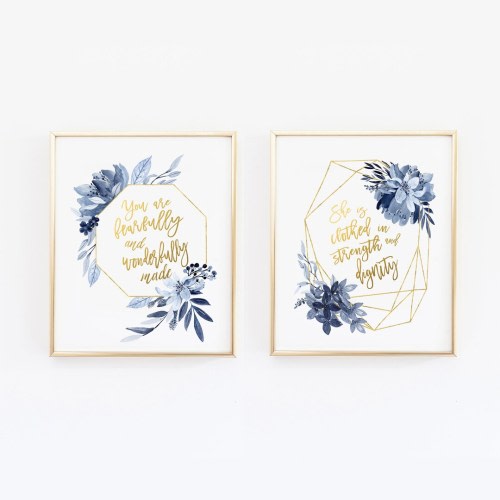 Baby Girl Nursery wall prints navy and gold Floral Nursery Decor Girls Bedroom Decor Blue She is clothed in Dignity You are fearfully