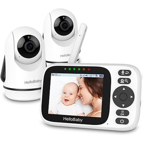 HelloBaby Baby Monitor 2 Cameras,Video Baby Monitors No WiFi with 3.2'' IPS Screen, Remote Pan-Tilt-Zoom Baby Camera Monitor,Plug&Play,Night Vision,1000ft,2-Way Talk, Temperature Display,ECO Mode