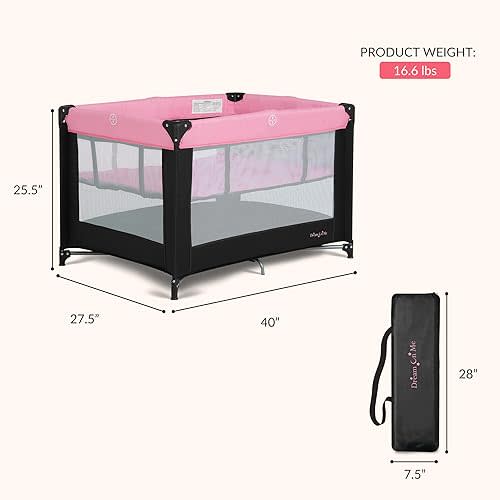 Dream On Me Zazzy Portable Playard with Bassinet - 360° Mesh Visibility, Quick Folding Travel Friendly Design, Carry Bag and Foldable Mattress Pad Included, Compact and Lightweight - Pink