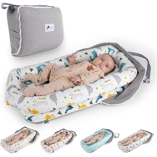 Joyful Journeys Baby Lounger Diaper Bag - Portable Baby Lounger Nest | Versatile Infant Lounger Bag & Diaper Organizer | Cozy Baby Lounger Nest for Convenience | Baby Shower Gifts (Blue Dinosaur)