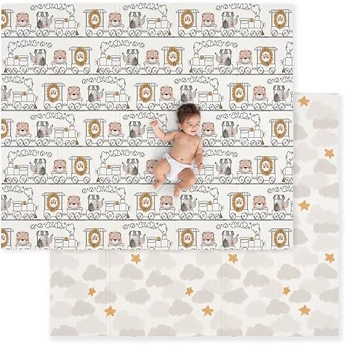 JumpOff Jo Baby Play Mat - Large Folding Foam Play Mat for Infants, Babies, Toddlers, Waterproof, Double-Sided (70" x 59") - Zoo Train
