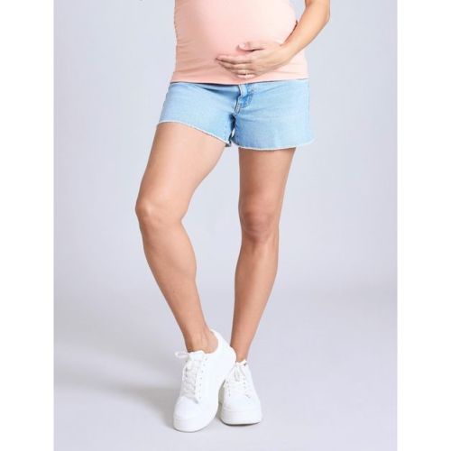 Women's Under The Belly Cut Off Denim Maternity Short - Light Wash - Size: Large - Motherhood Maternity