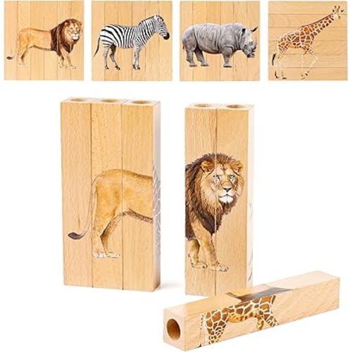 Wooden Animal Chunky Puzzles for Toddlers, Joyreal Montessori 4 in 1 Safari Animal Block Puzzle Toy, Preschool Learning Educational Interactive Toys Gift for Toddlers 2 3 4 5 6 Years Old