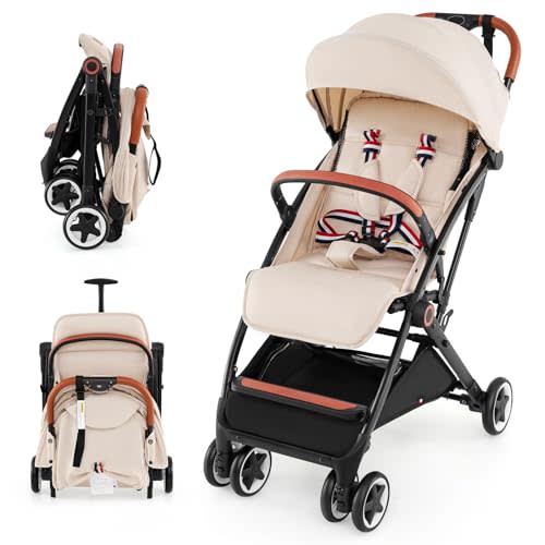 HONEY JOY Lightweight Baby Stroller, Compact One-Hand Luggage-Style Travel Stroller for Airplane, Fits Airplane Cabin & Overhead, Self-Standing Toddler Stroller w/Adjustable Backrest/Canopy(Beige)