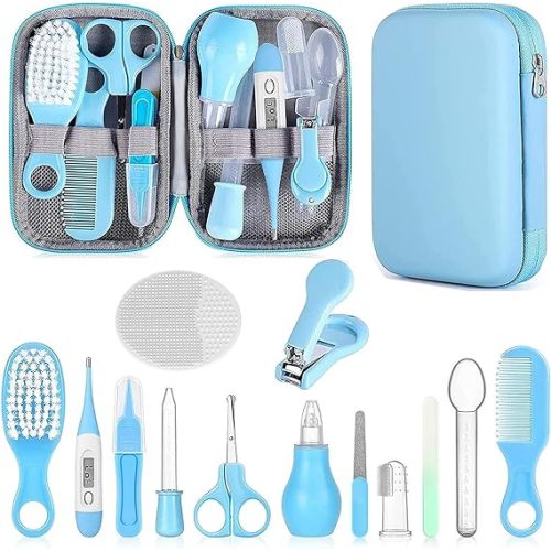 Baby Grooming Kit, Infant Safety Care Set with Hair Brush Comb Nail Clipper Nasal Aspirator,Baby Essentials Kit for Newborn Girls Boys (Grey White)