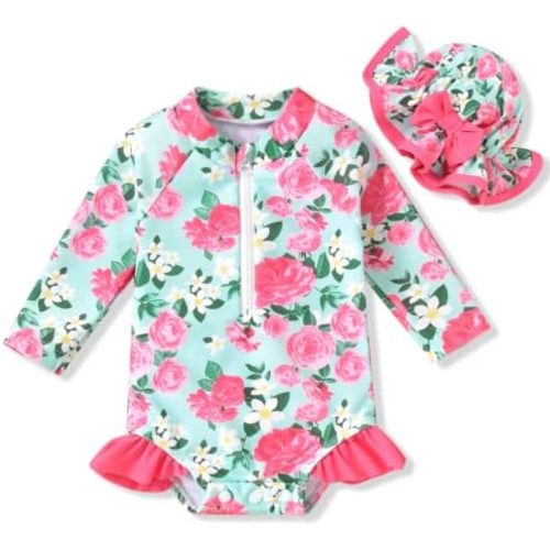 Aalizzwell Baby Girls Long Sleeve One Piece Swimsuit with Hat