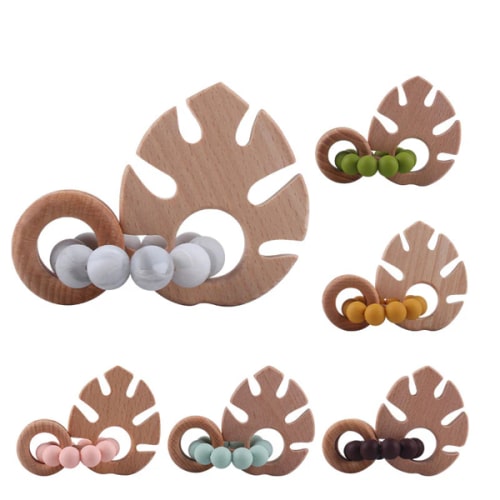Monstera Shape Silicone Beads Wooden Teether, Green