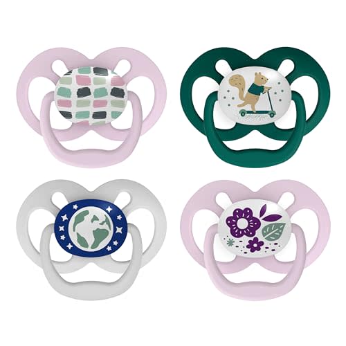 Dr. Brown's Advantage Glow-in-the-Dark Baby Pacifier, Fully Symmetrical Soother with Soft Silicone Bulb, Scooter Squirrel-Purple Nature, 6-18m, BPA Free, 4 Pack