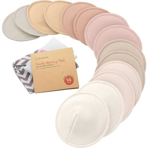 Organic Nursing Pads, 14 Washable Breast Pads,Wash Bag (Neutrals, L 5")