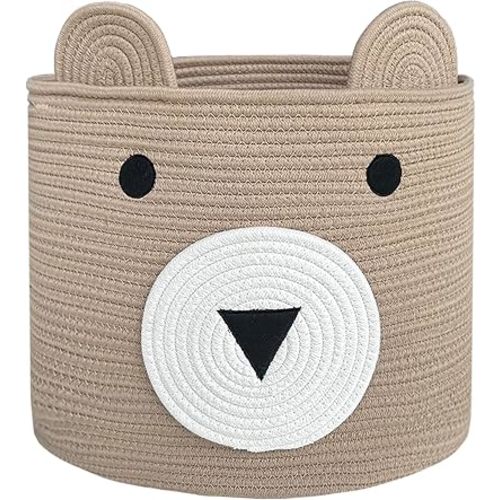 VK VK·LIVING Yellow Bear Laundry Basket, 14x14x14in, Cotton Rope, Foldable, Portable, Open, 15L, Storage and Organization in Living Room, Bedroom, Bathroom, Nursery Room, Playroom, Pet Toy Basket