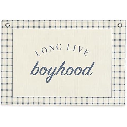 SJDFCSA Long Live Boyhood Banner Canvas Wall Hanging, Boy Nursery Decor Wall Art, Retro Preppy Grey Checkered Wall Decor Hanging Banner Flag for Kids Boys Toddler Room Bedroom Playroom Prints, 30x20In