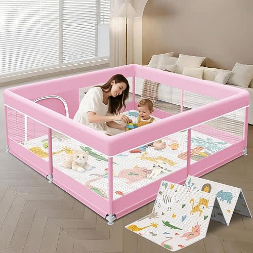 XVISHX Baby Playpen with Mat, 50 x 50 Inch Playpen for Babies and Toddlers, Baby Playard for Indoor & Outdoor Active Center Game Fence, with Skin-Friendly Fabric and Soft Breathable Mesh, Pink