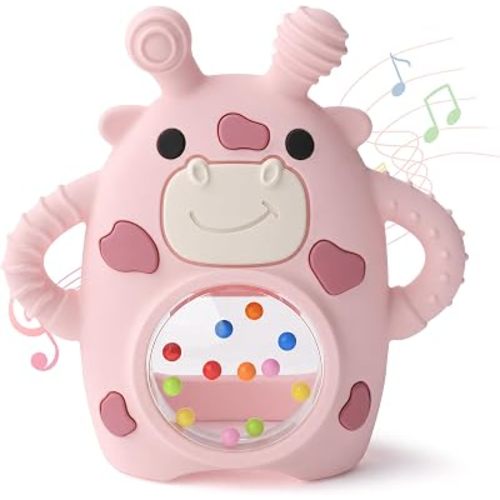 Bakpoco Baby Teether & Sensory Rattle Toys for Babies 0-6 6-12 Months, Anti Dropping Hand Mittens Teething Relief Toy, Infant Gift Essentials for Development, Pink Cow