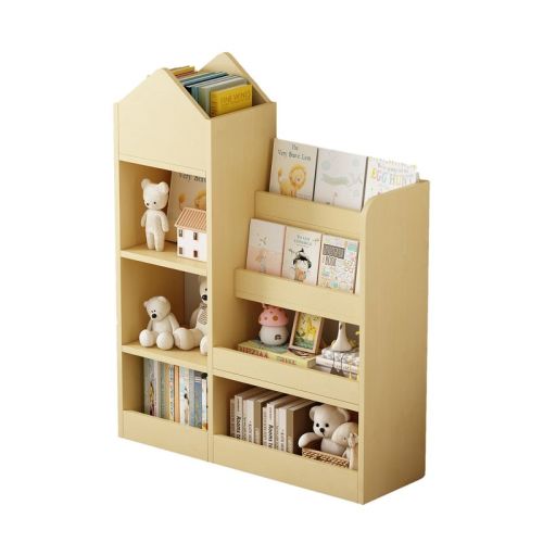 Fontoi Decorative Bookshelf, Bookcase with 6 Compartments 2 Baskets, Fabric Storage Organizer for Kids' Rooms Nursery, Wood, 11.82"*39.37"*31.5"