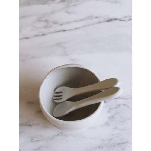 KIDS SILICONE SUCTION BOWL & UTENSILS IN GREY