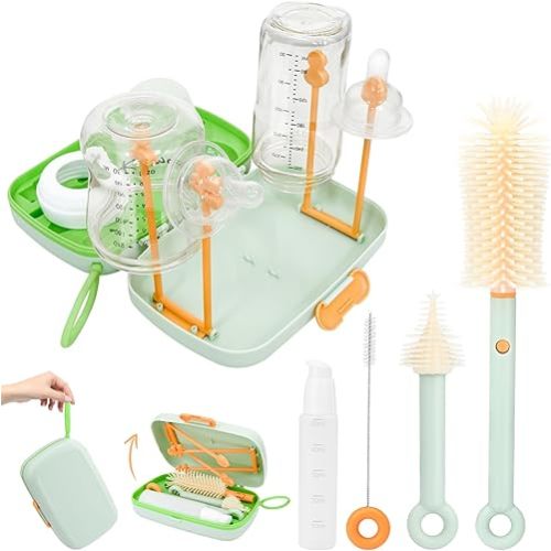 7 in 1 Travel Bottle Cleaner Kit with Bottle Drying Rack, 360° Clean Bottle Brush, Nipple Brush, Straw Cleaning Brush, Drainer Tray,Soap Dispenser and Storage Box, a Must-Have for Baby's Home Travels