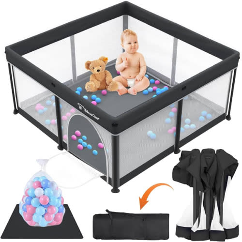 Taleco Gear Foldable Baby Play Pen with Mat, 50''x50'' Playpen for Babies and Toddlers, Playpen for Baby with Gate, Breathable,Foldable Travel Play Pen with 50 Ocean Balls