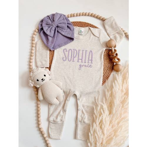 Embroidered Personalized Purple Romper, Baby Girl Coming Home Outfit, Baby Romper Hat Set, Baby Shower Gift, Lavander Baby Romper, Romper