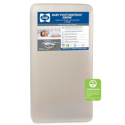 Sealy Baby Posturepedic Grow Breathable 2 Stage Waterproof Crib Mattress plus Toddler Bed Fit, Non Toxic Cotton Cover, GREENGUARD Gold Certified, Safety & Quality Tested, Made in USA, 52"X28"