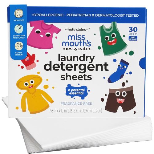 Miss Mouth's Messy Eater Laundry Detergent Sheets - Laundry Detergent, Hypoallergenic, Sensitive Skin Safe, Pediatrician and Dermatologist Tested, Fragrance Free, Travel Friendly