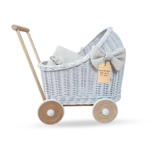 Wiklibox Natural Rattan Doll Stroller - Hand Made in Europe - Fits 17" Dolls & Plush Toys - Wicker Doll Pram & Baby Walker with Bedding Set - Perfect for Imaginative Play | White with Ivory Bows