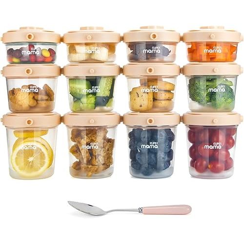 SUPERMAMA Plastic Baby Food Containers,12 Set(2/4/7oz),Leakproof Baby Food Storage Snack Jars with Attachable Lids, Lock in Freshness,BPA Free, Microwave、Dishwasher& Freezer Safe, Pink