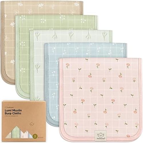 5-Pack Cotton Muslin Burp Cloths Baby Girls, Boys - Soft & Absorbent Spit Up Burp Rags, Large Muslin Towel, Cotton Wash Cloths for Babies, Newborn, Infant, No Shrink, Durable, Neutral (Wild Bloom)