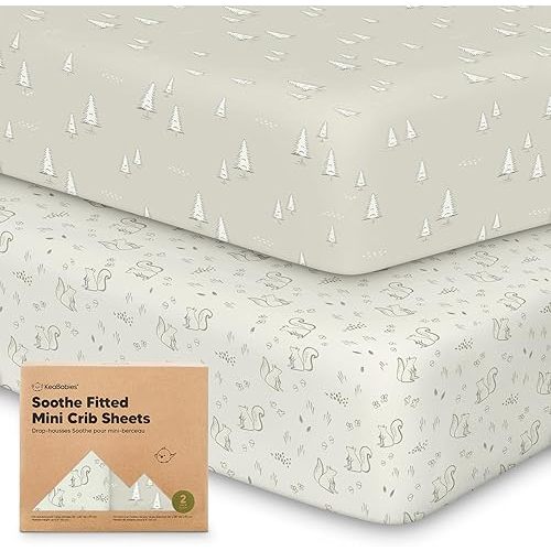 2-Pack Mini Crib Sheets Fitted, Pack and Play Sheets - Organic Cotton Pack N Play Sheets for Pack and Play Mattress, Playard Baby Crib Sheets, Jersey Crib Sheets Neutral for Boys, Girls (Pine Grove)