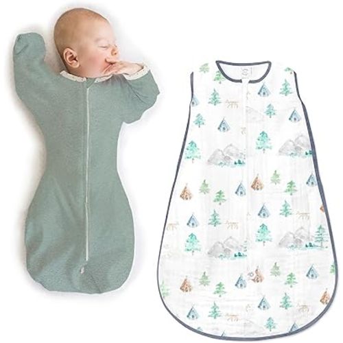 SwaddleDesigns Baby Sleep Sack Set, Jadeite and Mountain + Trees, 0-3 Mo Transitional Swaddle Sack with Arms Up Half-Length Sleeves & Mitten Cuff and 0-6 Mo Cotton Muslin Sleep Sack with 2-Way Zipper